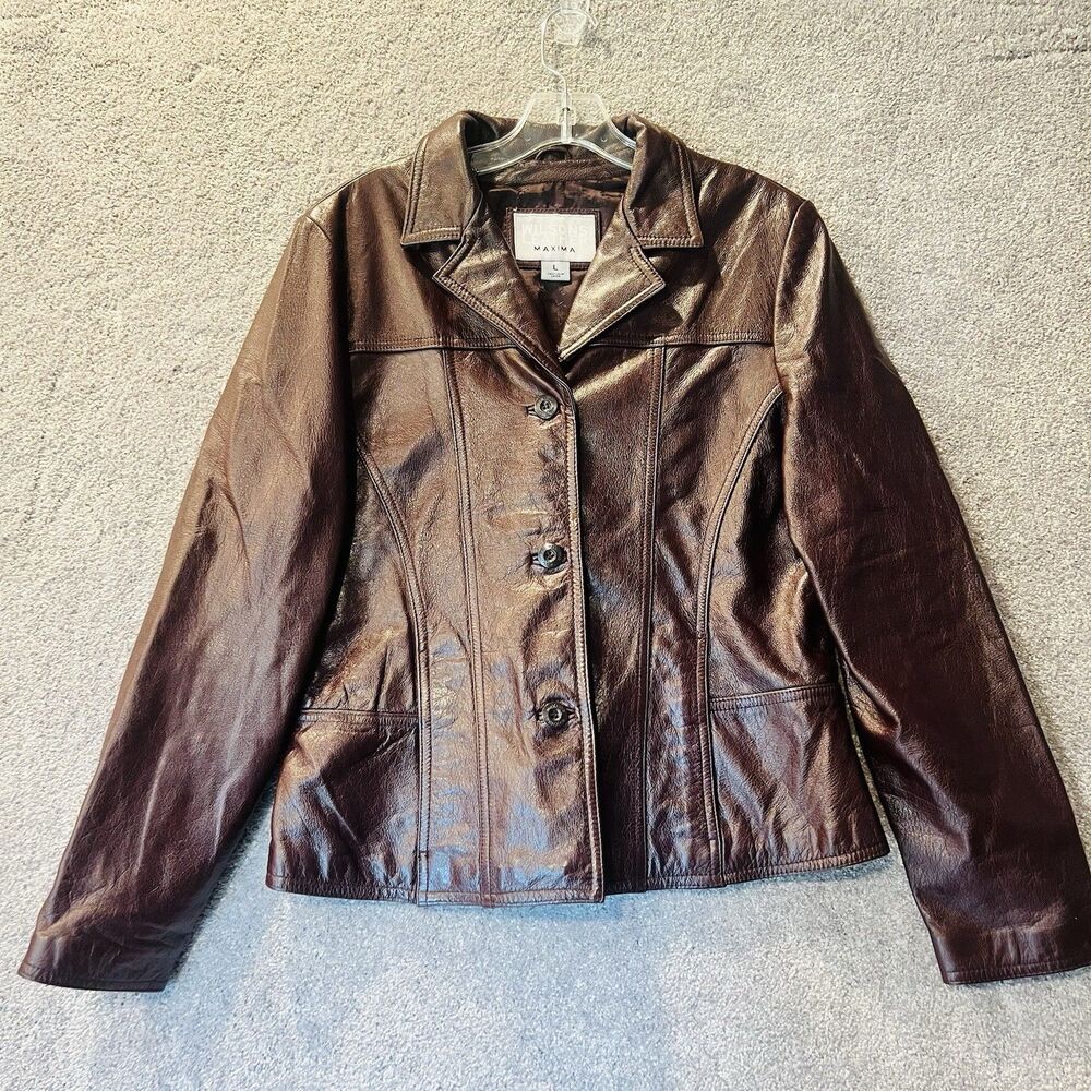 Wilsons Leather Maxima Jacket Womens L Brown Metallic Button Front Coat